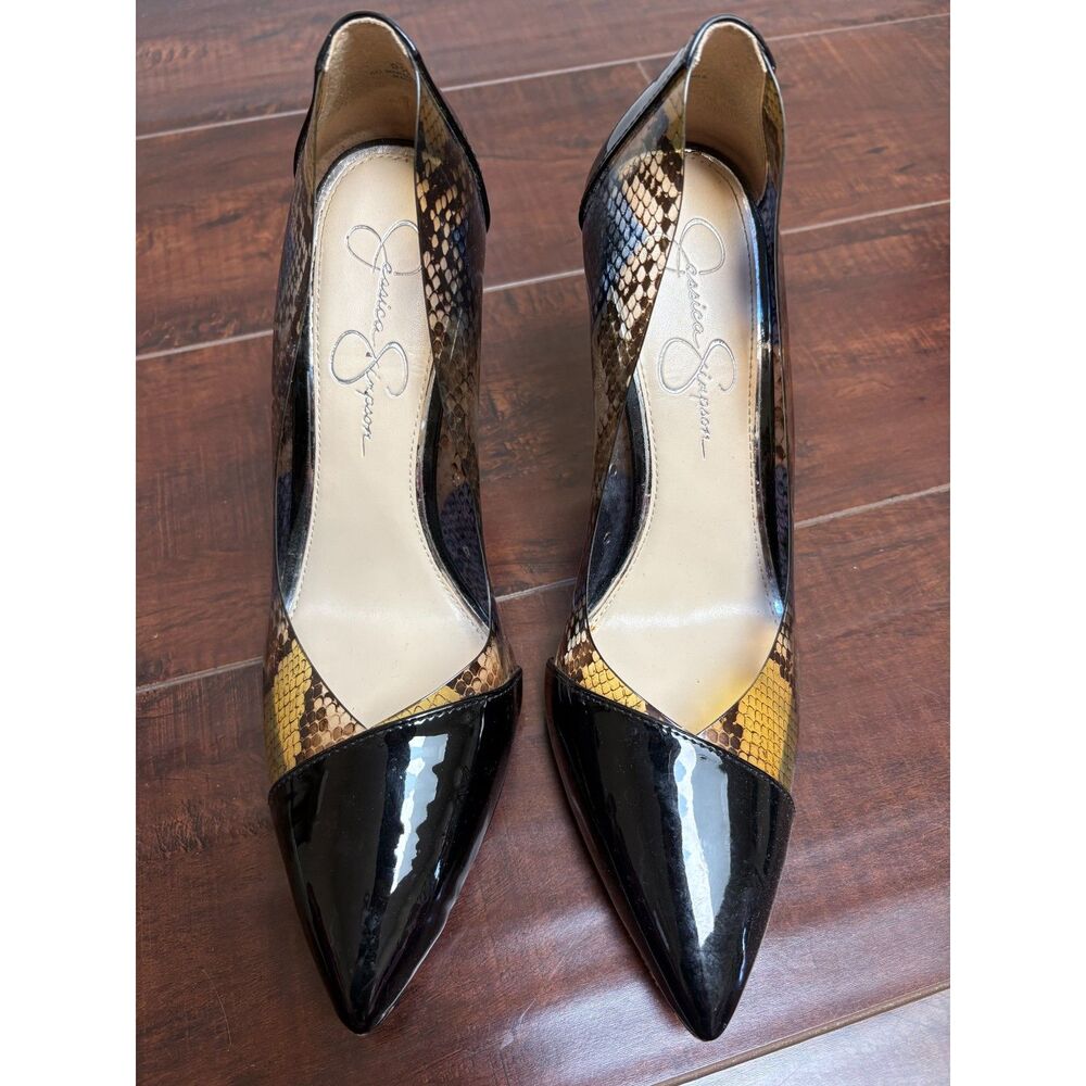 Snakeskin Mixed Media Stiletto Pumps Clear Heels Black Patent Pointed Toe 9.5 41 - Picture 2 of 9